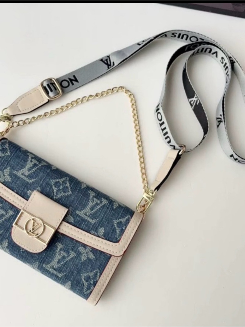 iPhone 17 Pro Max  Blue Monogram Denim Crossbody with Cream Trim & Gold Chain